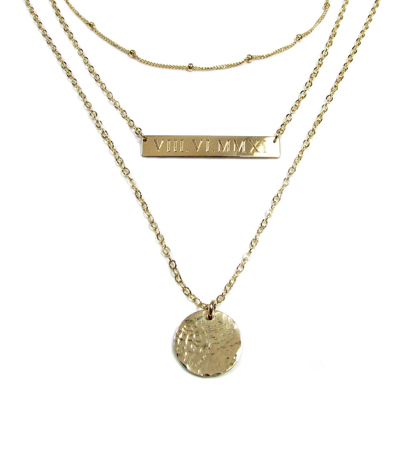 Set of 3 Layering Necklaces | Beaded Satellite Chain, Engraved Bar, Pendant & Hammered Disc